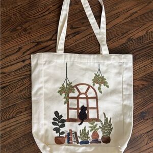 Canvas Tote Bag with Cat and Plant Design
